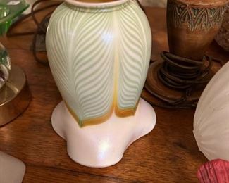 A exquisite example of a Quezal ‘Feather’ pattern lamp shade.