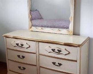 MCM French Provincial White & Gold 4pc Bedroom Set Nice little MCM French Provincial Bedroom set for a little girls room or guest bedroom. The set consists of 4 pcs. Large Dresser with attached mirror, 1 nitestand & a twin Headboard, footboard and side rails. All drawers are dove tailed! Price does NOT include mattress & box but will sell the pair for an addition $100. Here are measurements: Dresser: 49"W x 17"D x 32.25"H Mirror: 30.75" x 39"H, Nitestand: 15.5"W x 13.5"D x 24"H, Headboard: 40.25"W x 37.5"H  Seally Mattress & Box Sold Separately