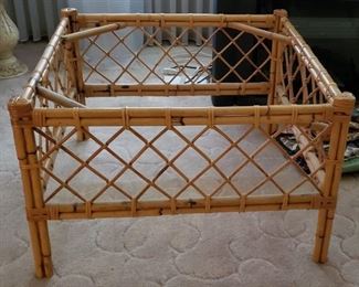 (2) Smoke Glass Top Square Wicker Rattan BambooTables Measures: 30" x 30" x 18.75"H at the corners