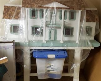 Large 56.5"W x 60"H Custom Mansion Doll House Furnished on Platform with Wheels Bin loaded with Upscale Miniature Furniture 