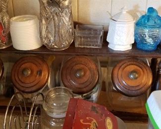 Vintage Glass Cannister Set with Wood Lid & Rack