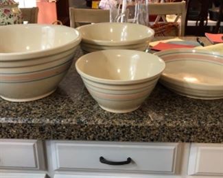 McCoy pink and blue stripe mixing bowl set (14”, 12”, and 10”) and McCoy 14” pasta bowl