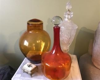 Blenko decanter and Blenko amber Ginger Jar, and one of a pair of crystal lamps