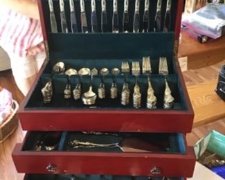 RSVP TG Indonesia gold electroplated silverware and serving pieces in 3 drawer case. Compliments Old Country Roses China.  