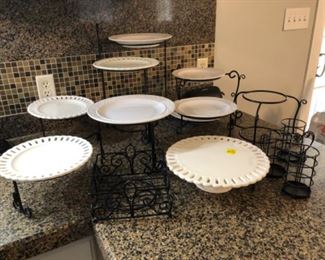 Portmeirion serving tier (2) with Portmeirion Valerie plates, cake stand, utensil holders, plate stands (2), napkin holder, and world wide home serving dishes.   Set includes 17 pieces. 