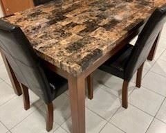 5' x 3' Faux Marble Top Table with Wooden Legs and 6 Espresso Vinyl Chairs (nice) 2 Identical sets available
