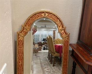 Mirror Fair 
Queen Anne style mirror EGLOMISE
H 53”, W 32”
Authentication with explanation of the English mirror eglomise technique during the 17th and 18th Century
Baker, Knapp and Tubbs