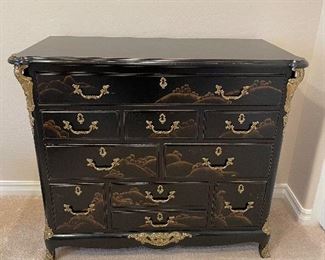 Karges dresser ebonized with asymmetric chinoiserie motif
Karges is based in Evansville Indiana and therefore made in the USA