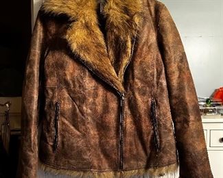 Newport News Faux fur leather zip jacket womens 12 BIN $40