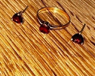 Gold and Garnet Earrings Ring Set $140