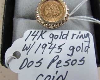 14K Gold Ring w/1945 Gold Dos Pesos Coin