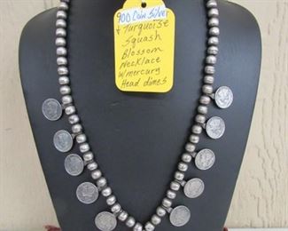 900 Coin Silver & Turquoise Squash Blossom Necklace w/Mercury Head Dimes