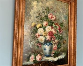 #20	Acryllic by Kay Suzan of Flowers w/Gold Painted Heavy Wood Frame 39x49	 $225.00 
