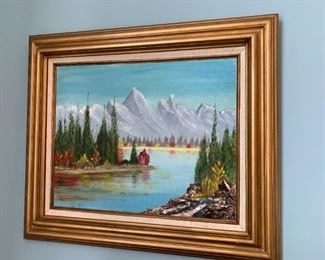 #21	Lewis Bates Acrylic on Canvas of Mountains, Rivers w/evergreens  in Gold Frame 27x23	 $75.00 
