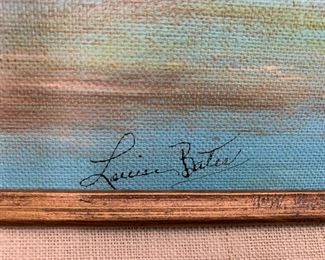 #21	Lewis Bates Acrylic on Canvas of Mountains, Rivers w/evergreens  in Gold Frame 27x23	 $75.00 
