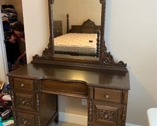#32	Wood Antique Vanity w/Mirror w/hand-dovetailing on wheels - 46x18x32  Mirror - 44x39	 $175.00 
