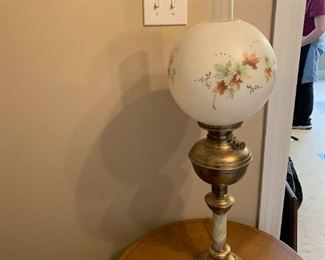 #43	Brass Lamp w/Hand-Painted Globe w/Marble/Brass Base - 33" Tall	 $125.00 
