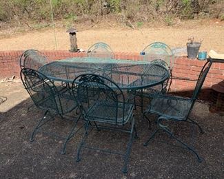 #51	Green Wrought Iron Oval Table w/6 Bouncy Chairs - 66x38x29	 $275.00 
