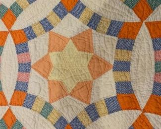 #110	star in the middle of a wedding ring hand  scalloped edge quilted quilt 70x62	 $40.00 
