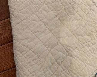 #112	blue/cream double wedding ring quilt scalloped edge  hand quilted 74x65	 $75.00 

