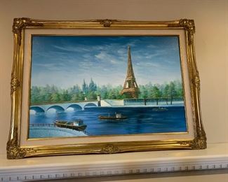 #113	hand painted acrilic paintind of boats on water C. Benolt  gold frame	 $75.00 
