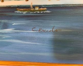 #113	hand painted acrilic paintind of boats on water C. Benolt  gold frame	 $75.00 
