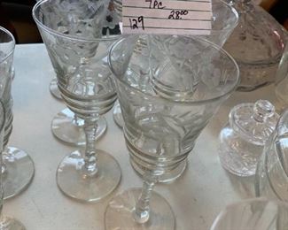 #129	Vtg. 1940s Etched Flower 8" Wine Glasses 7 pc	 $28.00 
