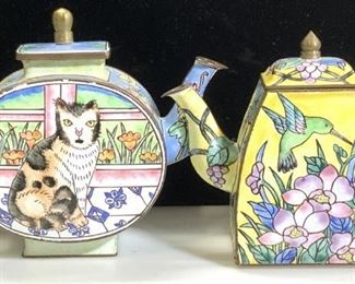 Pair Enamel On Brass Miniature Teapots

