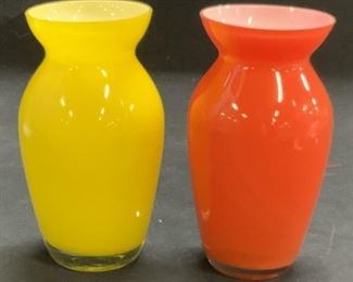 Pair Yellow & Orange Art Glass Bud Vases
