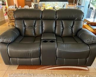 Grey Gel Leatherette Motion Loveseat w/Console