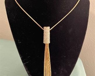 Long Sweater Rhinestone Tassel  Necklace: Gold tone
