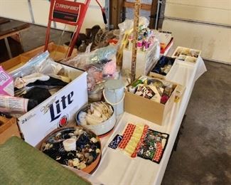 TROY BUILT TILLER, BUTTONS, THREAD, MATERIAL SEWING BOXES