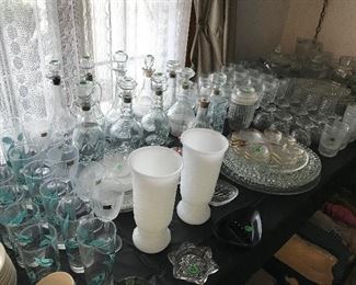 DECANTERS, MILK GLASS, ANCHOR HOCKING WEXFORD PLATES, GLASSES, SERVING PIECES, ECT. 