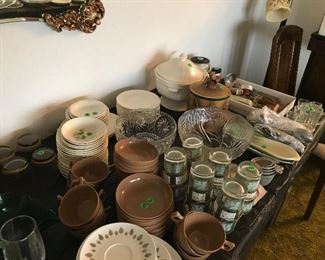 ANCHOR HOCKING, VASALINE GLASS BOWL, AZTEC MELMAC DINNERWARE,SOUP TERRINE, COOKIE JAR