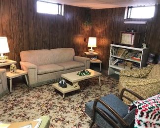 DANISH MODERN SOFA, COFFEE TABLE AND END TABLES, LAMPS, ROCKERS, CHAIRS, SOLID STATE RCA