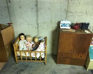 DOLLS, CRIB, DOLL CLOTHES, TOY BOX