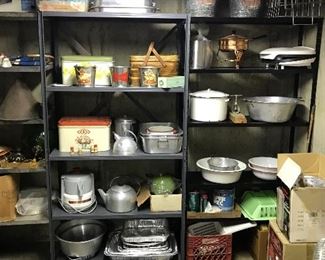 VINTAGE ENAMEL BOWLS, METAL BREAD BOXES, COOKING, CANNING ECT