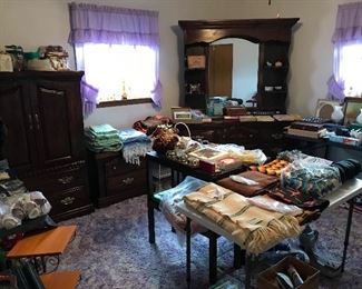 ARMOIRE, NIGHT STAND, LAMPS, LUGGAGE,VINTAGE LUGGAGE, AVON COLLECTABLES, BEDDING, BLANKETS, BILFOLDS, HUNTING BAGS, PURSES, PARFUME, DRESSER AND MIRROR, FLOWERS, CROCHET AFGAHN, SHELF KNIVES, PEABODY ITEMS