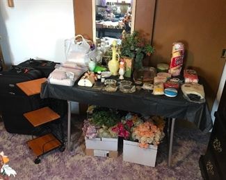 ARMOIRE, NIGHT STAND, LAMPS, LUGGAGE,VINTAGE LUGGAGE, AVON COLLECTABLES, BEDDING, BLANKETS, BILFOLDS, HUNTING BAGS, PURSES, PARFUME, DRESSER AND MIRROR, FLOWERS, CROCHET AFGAHN, SHELF KNIVES, PEABODY ITEMS