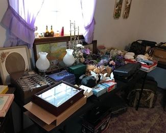 ARMOIRE, NIGHT STAND, LAMPS, LUGGAGE,VINTAGE LUGGAGE, AVON COLLECTABLES, BEDDING, BLANKETS, BILFOLDS, HUNTING BAGS, PURSES, PARFUME, DRESSER AND MIRROR, FLOWERS, CROCHET AFGAHN, SHELF KNIVES, PEABODY ITEMS
