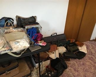 ARMOIRE, NIGHT STAND, LAMPS, LUGGAGE,VINTAGE LUGGAGE, AVON COLLECTABLES, BEDDING, BLANKETS, BILFOLDS, HUNTING BAGS, PURSES, PARFUME, DRESSER AND MIRROR, FLOWERS, CROCHET AFGAHN, SHELF KNIVES, PEABODY ITEMS