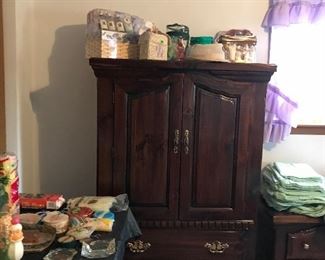ARMOIRE, NIGHT STAND, LAMPS, LUGGAGE,VINTAGE LUGGAGE, AVON COLLECTABLES, BEDDING, BLANKETS, BILFOLDS, HUNTING BAGS, PURSES, PARFUME, DRESSER AND MIRROR, FLOWERS, CROCHET AFGAHN, SHELF KNIVES, PEABODY ITEMS