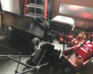 POULAN 450 PUSH MOWER, GAS CANS, AGRI FAB UTILITY CART, SPREADER, GRILL, WAGON, WERNER LADDER