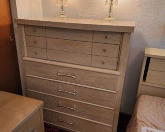 RAYMOND LOEWY DANISH MODERN  FOR MENGEL FURNITURE.  LOUISVILLE KENTUCKY, FULL SIZE BED  HIGHBOY DRESSER CHEST, CEDAR CHEST, DRESSER AND MIRROR, 