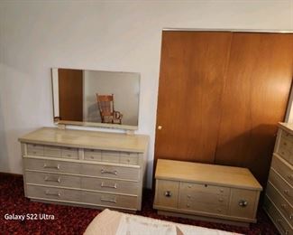 RAYMOND LOEWY DANISH MODERN  FOR MENGEL FURNITURE.  LOUISVILLE KENTUCKY, FULL SIZE BED  HIGHBOY DRESSER CHEST, CEDAR CHEST, DRESSER AND MIRROR, 