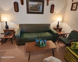 DANISH MODERN SOFA, COFFEE TABLE AND END TABLES WITH DANISH MODERN LAMPS, AND DECORATIONS, DANISH MODERN CHAIR, NWTF PICTURE 