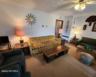 MID CENTURY MODERN LAMPS, SOFA, COFFEE TABLE END TABLES, CLOCK, DECORATIONS, FOOT STOOL