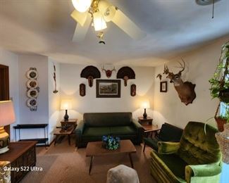 MID CENTURY MODERN LAMPS, SOFA, COFFEE TABLE END TABLES, CLOCK, DECORATIONS, FOOT STOOL