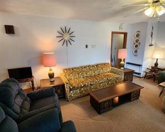 MID CENTURY MODERN LAMPS, SOFA, COFFEE TABLE END TABLES, CLOCK, DECORATIONS, FOOT STOOL