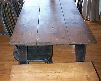 Harvest table, small pine bench, bentwood chairs